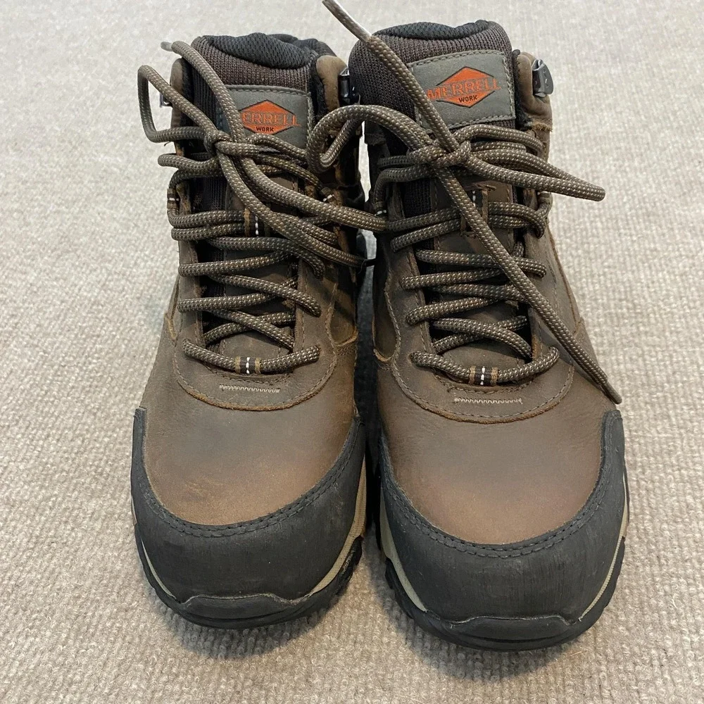 Merrell Work Boots Mens Size 7.5W Brown‎ Leather Waterproof Slip Resistant